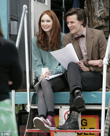 Matt Smith and Karen Gilland go over their lines on set.
